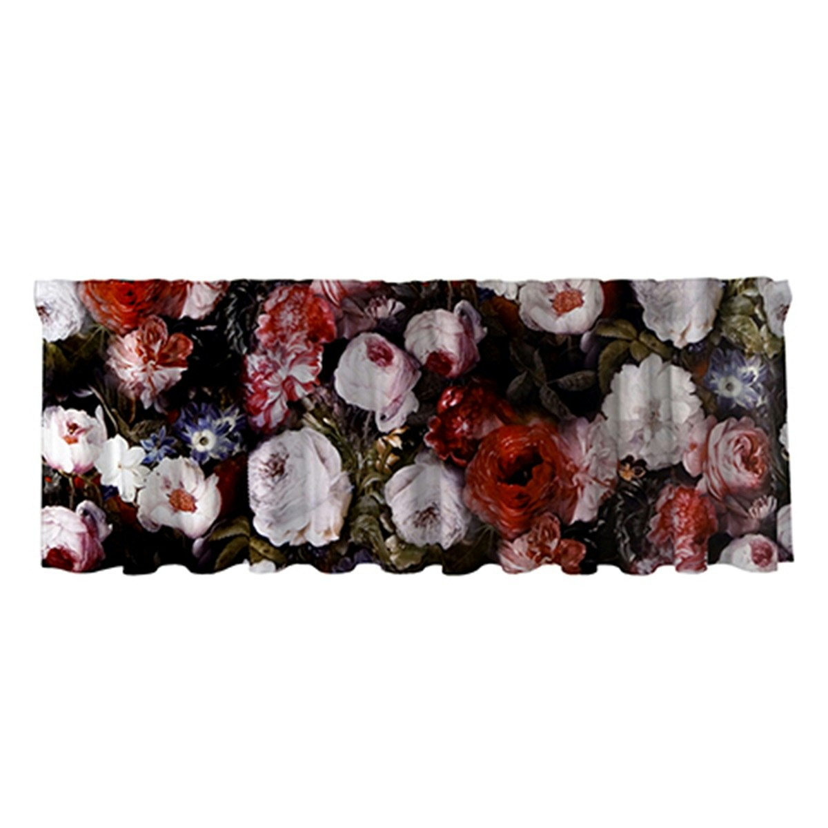 Monroe en gardinkappa i blommig sammet med multiband från Redlunds textil  med en svart botten med rosa och vita blommor, mått 250 x 45 cm. -  Roomoutlet.se - Textilier och inredning i Karlstad
