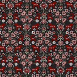 Allmoge ett gardintyg/inredningstyg på metervara i 100% bomull från Redlunds textil med en svart botten med ett mönster i grått, rött och grönt, bredd 140 cm.