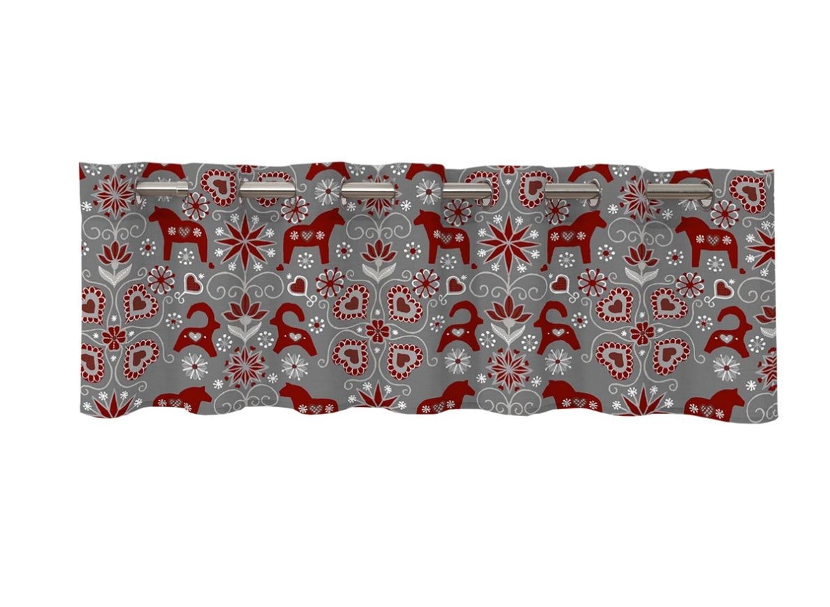 Allmoge en färdigsydd gardinkappa i grå och röda toner med öljetter från Redlunds textil.