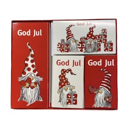Julkort i 12 pack med 4 olika söta tomtemotiv och kuvert, korten är dubbelvikta.