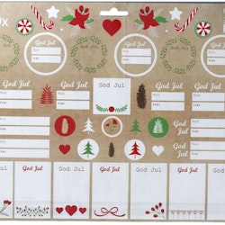 Julklappsadresser/julettiketter och julstickers 44 st självhäftande julklappsadresser och 38 självhäftande stickers som klistras direkt på julklapparna.