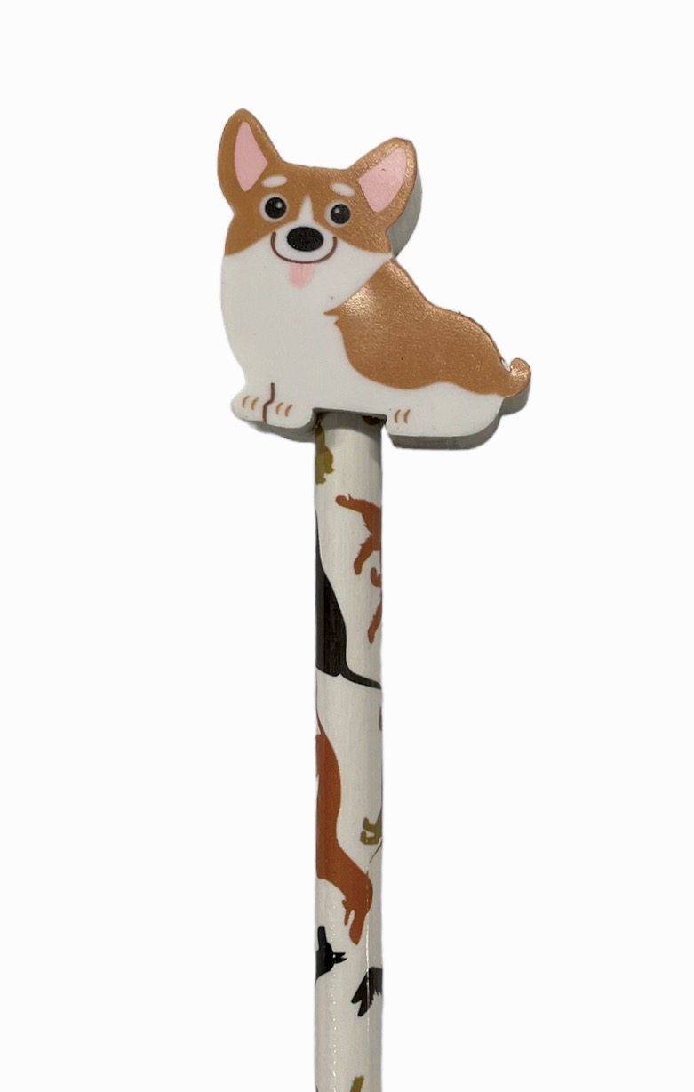 Corgi en blyertspenna med ett hundmönster och med en suddtopp i form av en söt Corgi från Pepper pot, längd 19 cm.