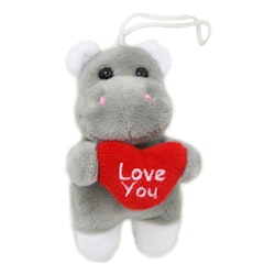 Flodis Love you en grå flodhäst med ett rött hjärta med texten Love you från Hedlundgruppen, mått 10 x 5 cm.