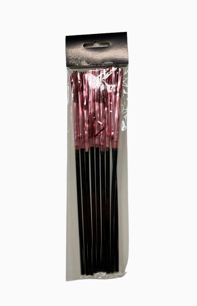 Sugrör 8 st böjbara i svart med en rosa glitterdekoration sugröret, längd 21 cm.