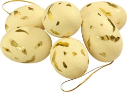 Hanging goldie gula och guldfärgade påskägg i ett sexpack från Cult design att dekorera påskriset med, mått 6 cm.