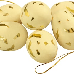 Hanging goldie gula och guldfärgade påskägg i ett sexpack från Cult design att dekorera påskriset med, mått 6 cm.