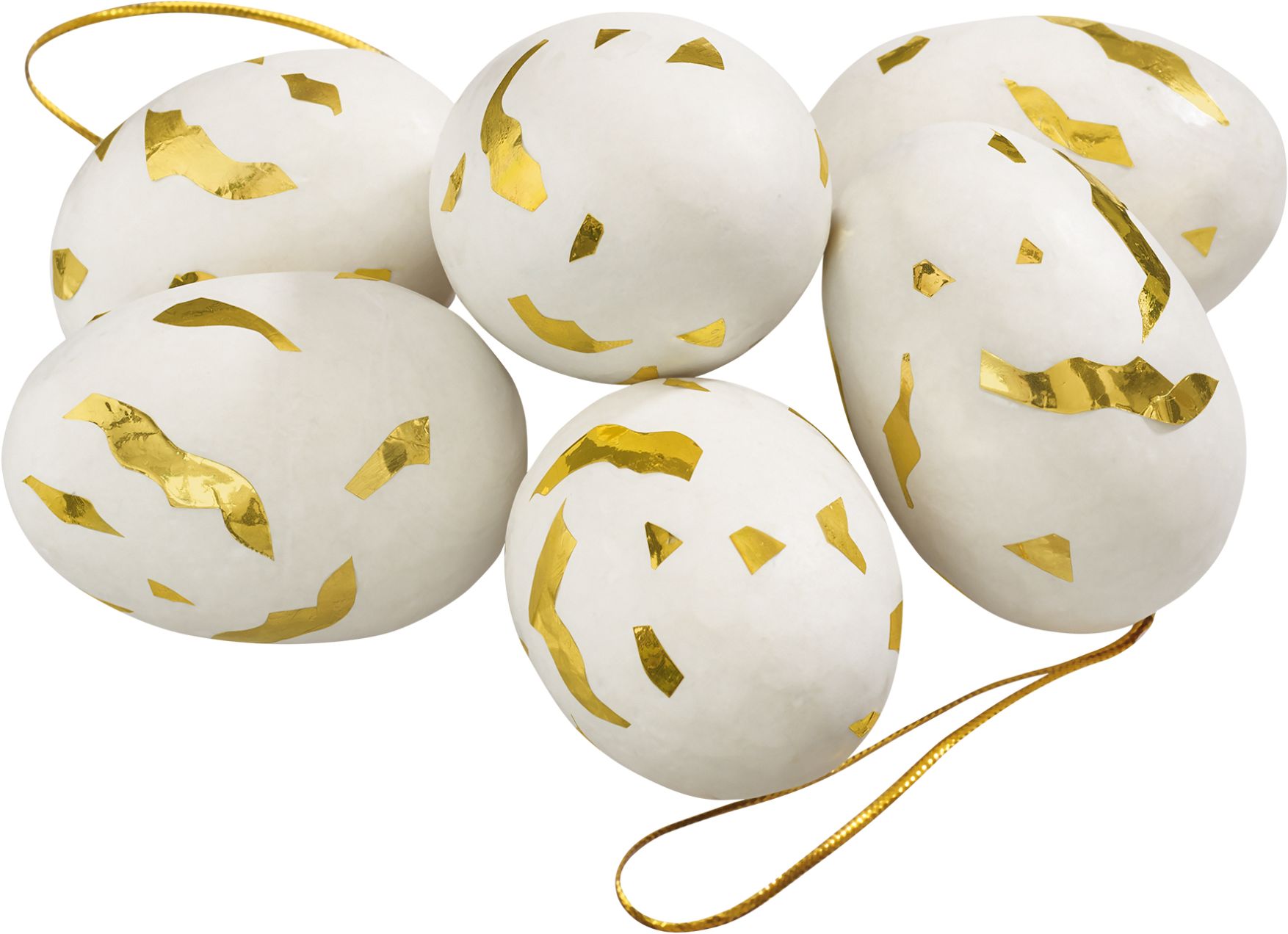 Hanging goldie vita och guldfärgade påskägg i ett sexpack från Cult design att dekorera påskriset med, mått 6 cm.