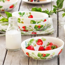 Fragaria skålrik ett 2 pack med skålar i vitt porslin med röda jordgubbar och gröna blad från Cult design, mått 2 x 16 x 5 cm.