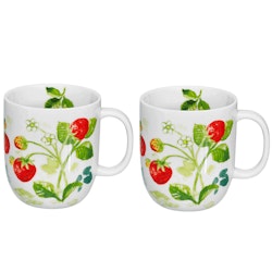 Fragaria ett 2 pack med kaffe/temuggar i vitt porslin med röda jordgubbar och gröna blad från Cult design, mått 2 x 8 x 9 cm.