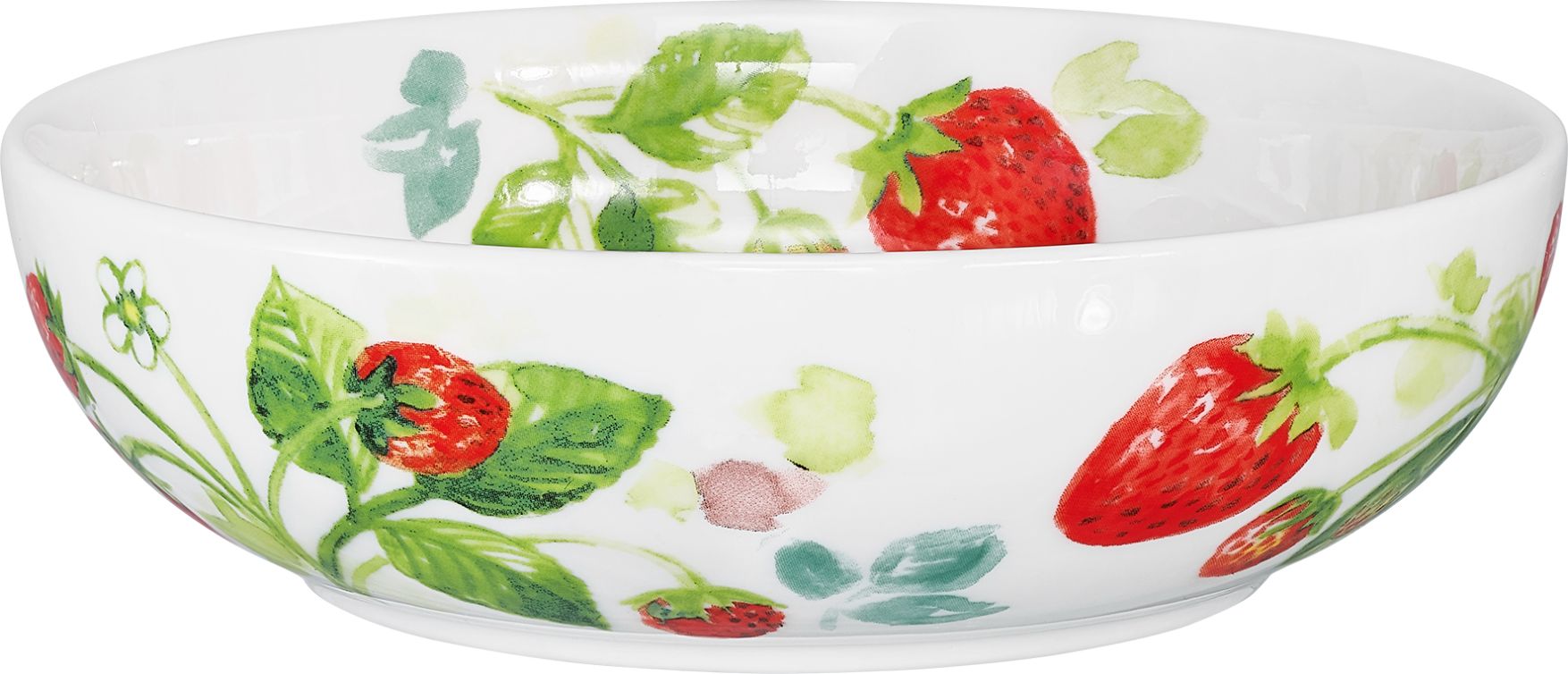 Fragaria serveringsskål i vitt porslin med röda jordgubbar och gröna blad från Cult design, mått 21 x 8 cm.