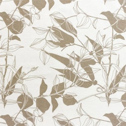 Zen ett gardintyg/inredningstyg på metervara i vitt och beige bladmönster från Redlunds textil.