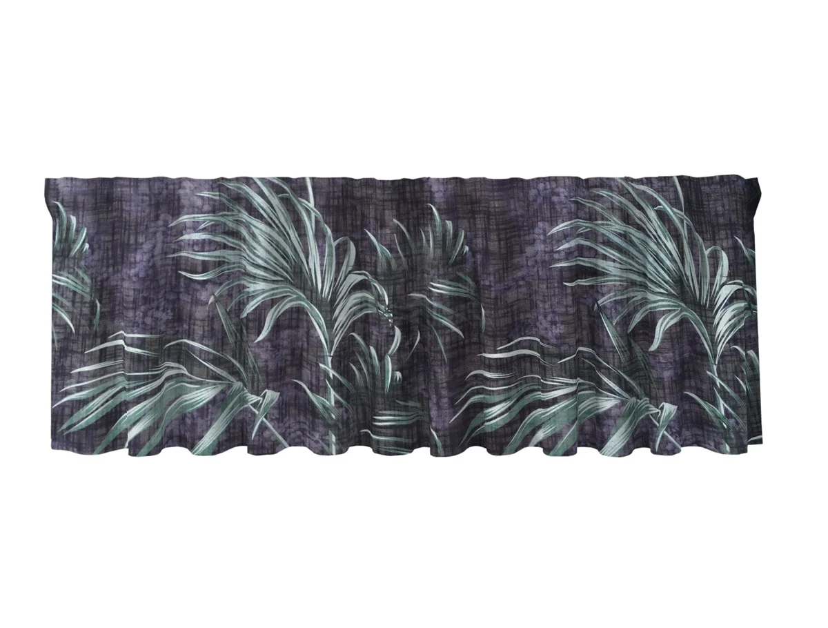 Tropical en färdigsydd gardinkappa med en mörk botten med gröna blad och multiband från Redlunds textil.