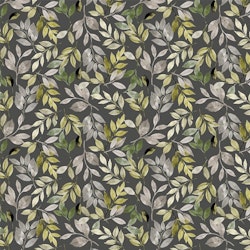 Löv ett gardintyg/inredningstyg på metervara från Redlunds textil, färg mörkgrå botten med löv i grönt och grått.