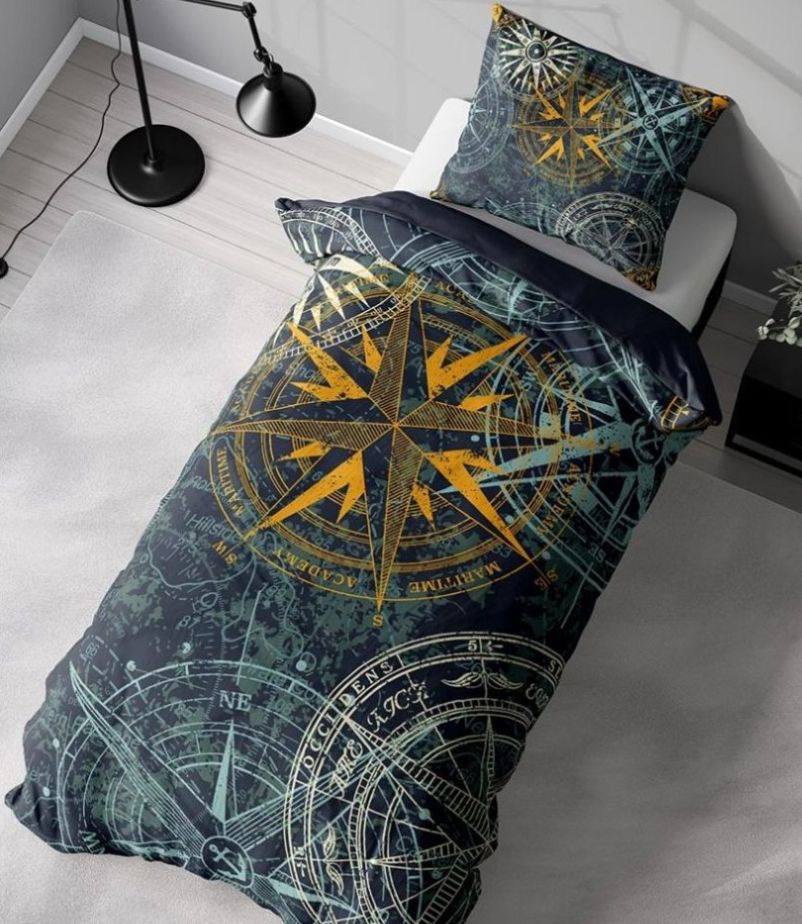 Nautical compass ett påslakanset i blått, grönt, vitt och gult i bomull med dragkedja i botten, från Indusia design