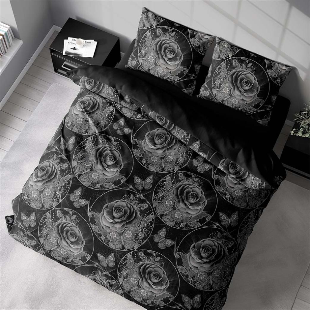 Vintage rose ett svart, grått och vitt påslakanset till dubbeltäcke i bomullssatin i storlek 200 x 220 cm med knäppning i botten, från Indusia design