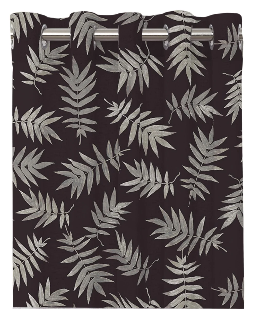 Ray ett färdigsytt gardinset i bomull med öljetter i svart med gråa blad, från Redlunds textil