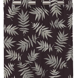 Ray ett färdigsytt gardinset i bomull med öljetter i svart med gråa blad, från Redlunds textil