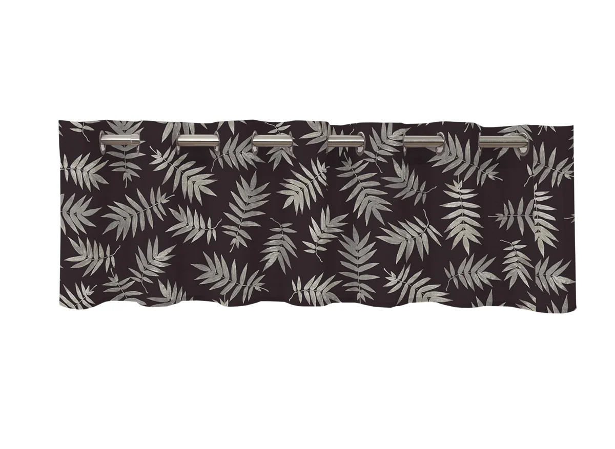Ray en färdigsydd gardinkappa i bomull med öljetter i svart med gråa blad, från Redlunds textil i mått 1 x 250 x 50 cm