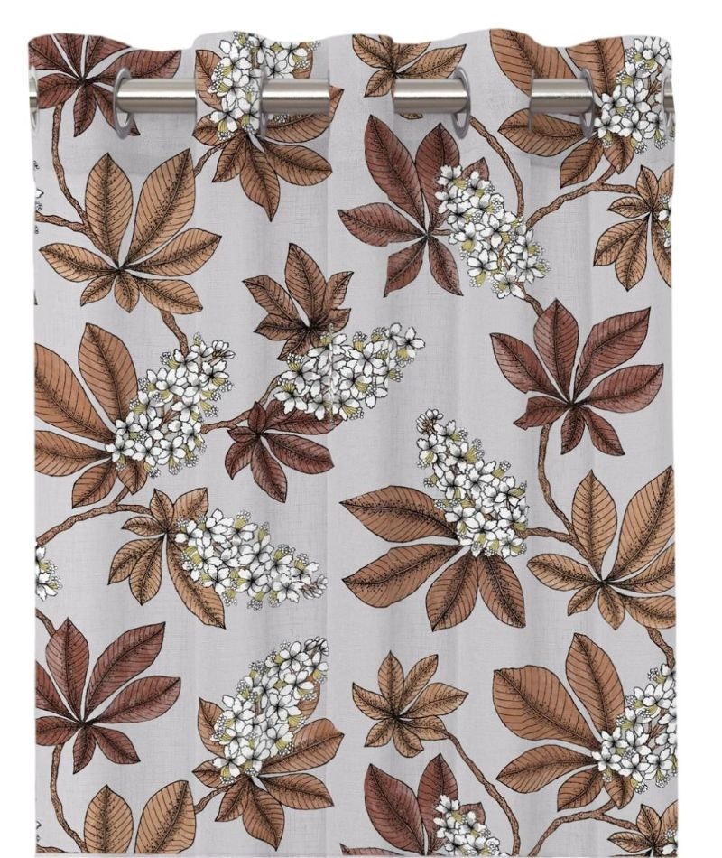 Prag ett färdigsytt gardinset i bomull med öljetter på en linnefärgad botten med rostfärgade blad, från Redlunds textil