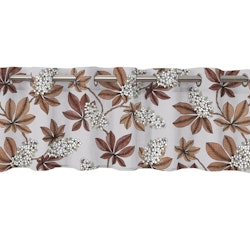 Prag en färdigsydd gardinkappa i bomull med öljetter ipå linnefärgad botten med rostfärgade blad, från Redlunds textil i mått 1 x 250 x 50 cm