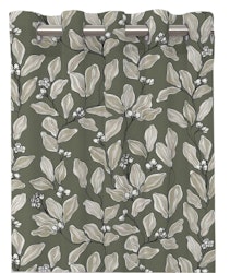 Stella ett färdigsytt gardinset i bomull med öljetter på en grön botten med beiga och vita blad, från Redlunds textil