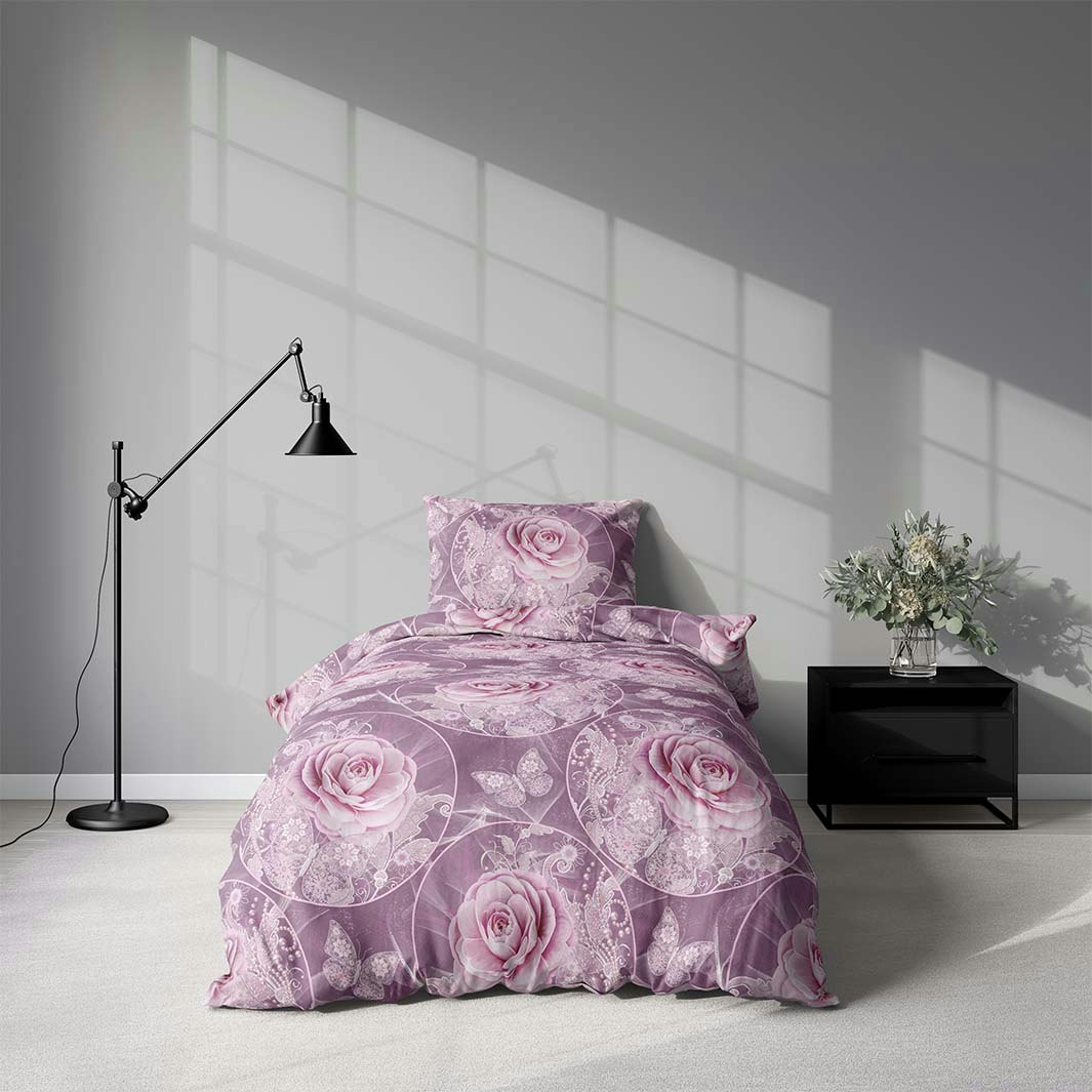 Påslakanset i bomull Vintage rose lilac i ljuslila och rosa toner i mått 140 x 200 cm Indusia design