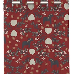 Julglädje ett rött julgardinset med öljetter från Redlunds textil mått 2 x 120 x 240 cm