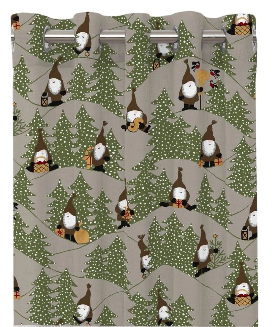 Snöfall ett linnefärgat julgardinset i bomull med bruna små tomtar med öljetter från Redlunds textil mått 2 x 120 x 240 cm