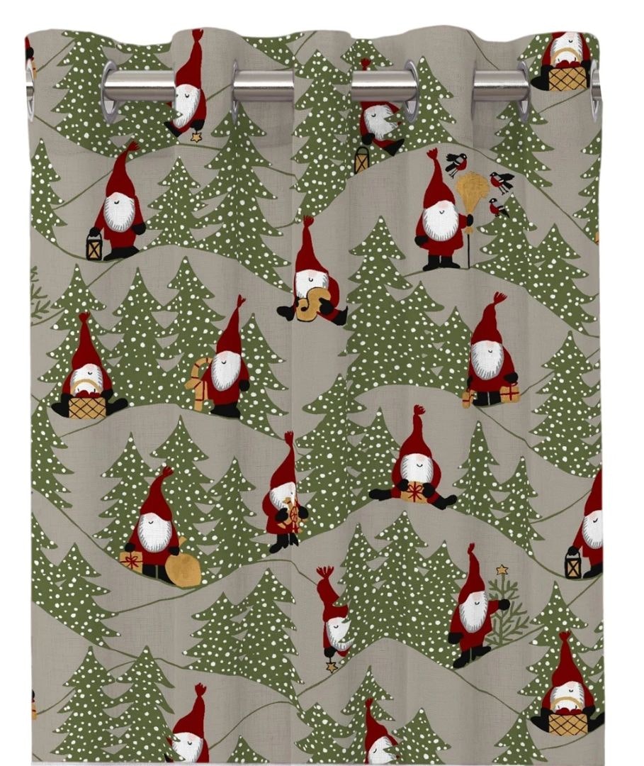 Snöfall ett linnefärgat julgardinset i bomull med röda små tomtar med öljetter från Redlunds textil mått 2 x 120 x 240 cm