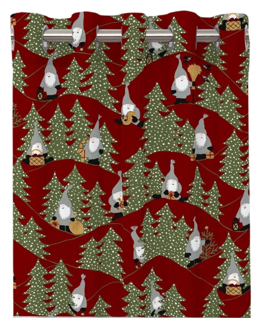 Snöfall ett rött julgardinset i bomull med gråa små tomtar och med öljetter från Redlunds textil mått 2 x 120 x 240 cm