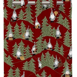 Snöfall ett rött julgardinset i bomull med gråa små tomtar och med öljetter från Redlunds textil mått 2 x 120 x 240 cm