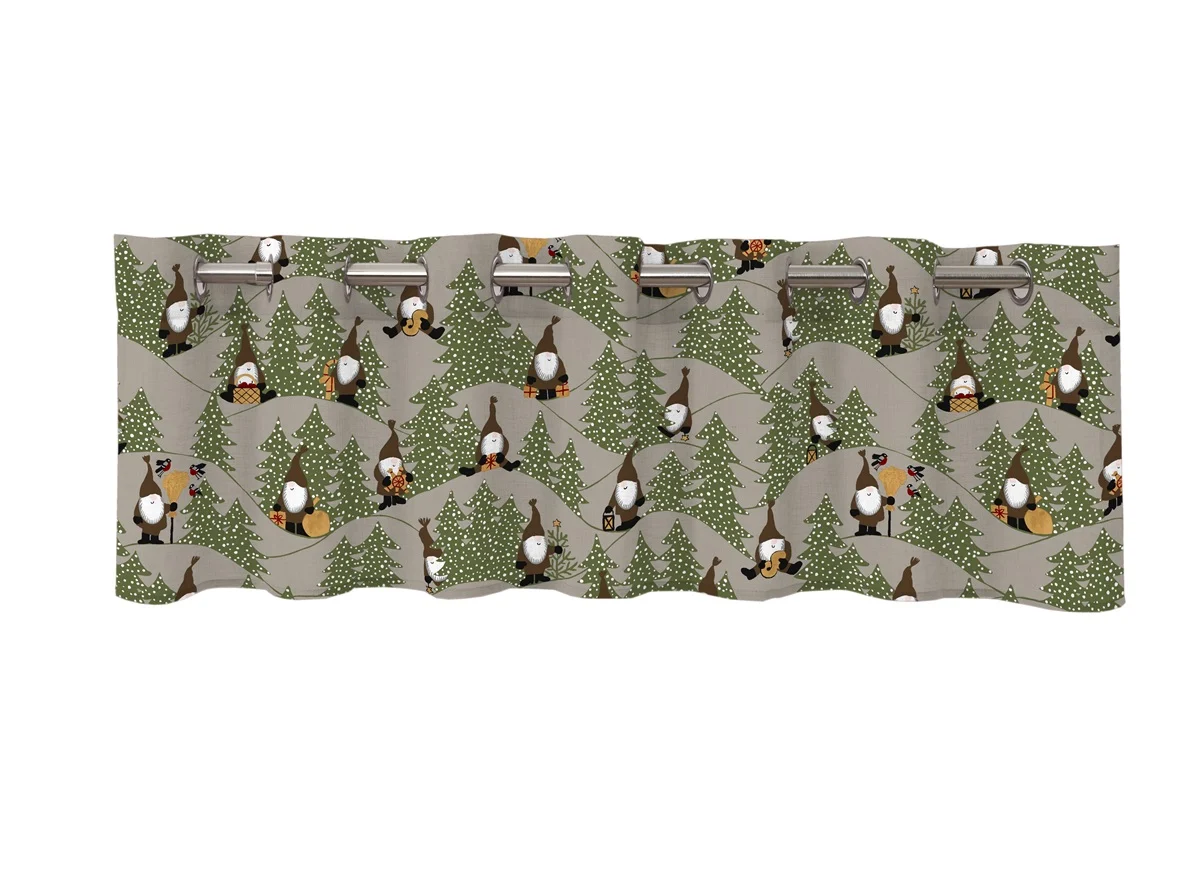 Snöfall en linnefärgad julgardinskappa i bomull med bruna små tomtar och med öljetter från Redlunds textil mått 1 x 250 x 50 cm