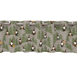 Snöfall en linnefärgad julgardinskappa i bomull med bruna små tomtar och med öljetter från Redlunds textil mått 1 x 250 x 50 cm
