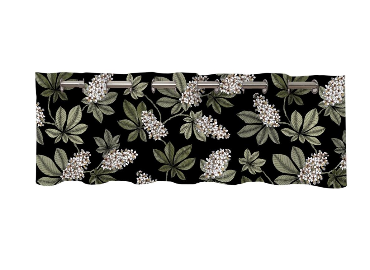 Prag en färdigsydd gardinkappa i bomull med öljetter på svart botten med gröna blad och vita blommor, från Redlunds textil i mått 1 x 250 x 50 cm