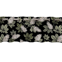 Prag en färdigsydd gardinkappa i bomull med öljetter på svart botten med gröna blad och vita blommor, från Redlunds textil i mått 1 x 250 x 50 cm
