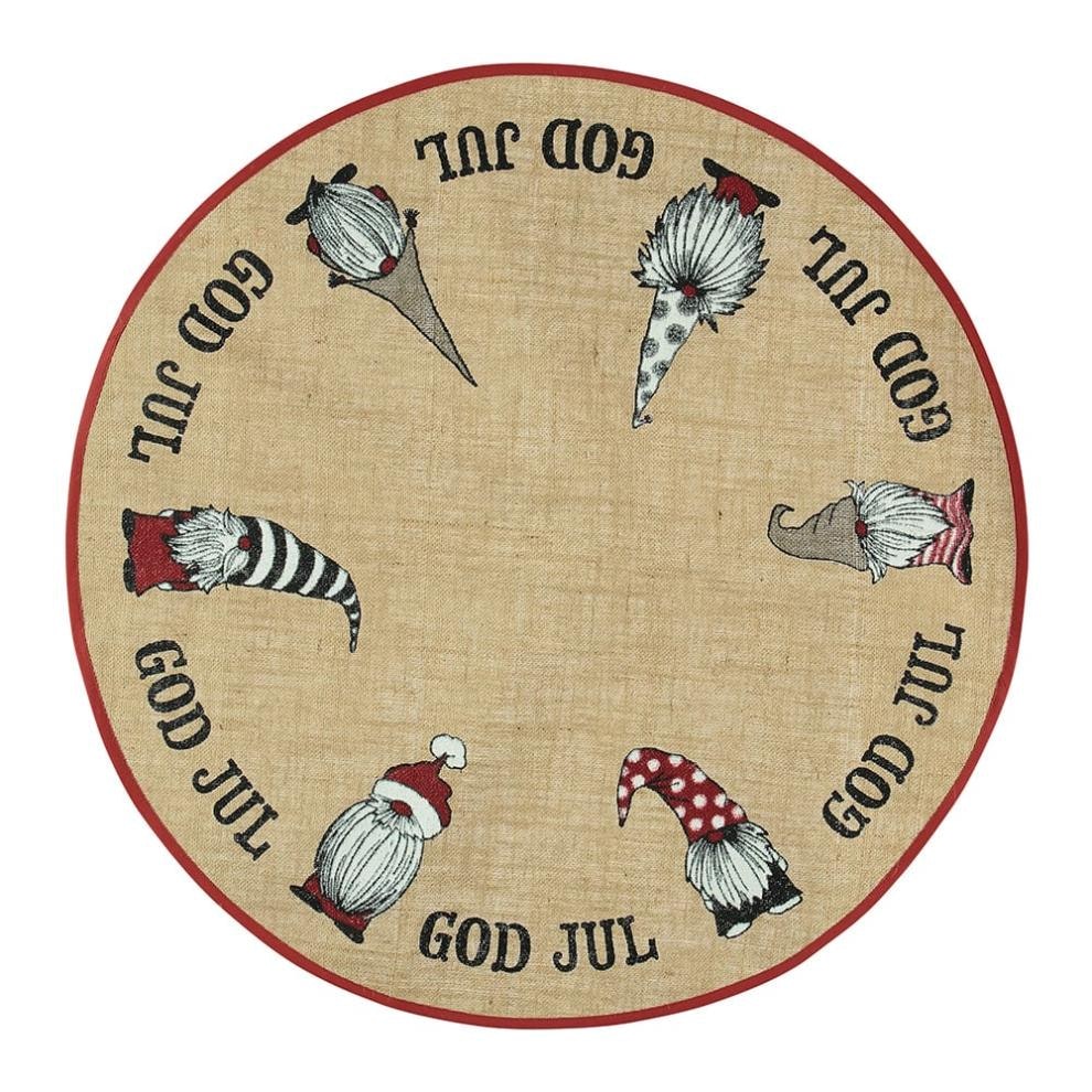 X-Mas santa en rund julgransmatta i jute med tomtar från Noble house, diameter 90 cm