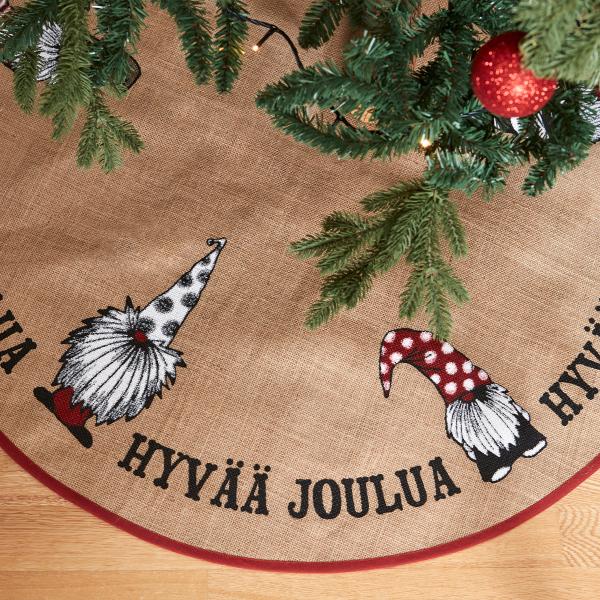Hyvää joulua en granmatta med finsk tex i jute med ett juligt tryck i rött, vitt och grått från Noble house diameter 90 cm