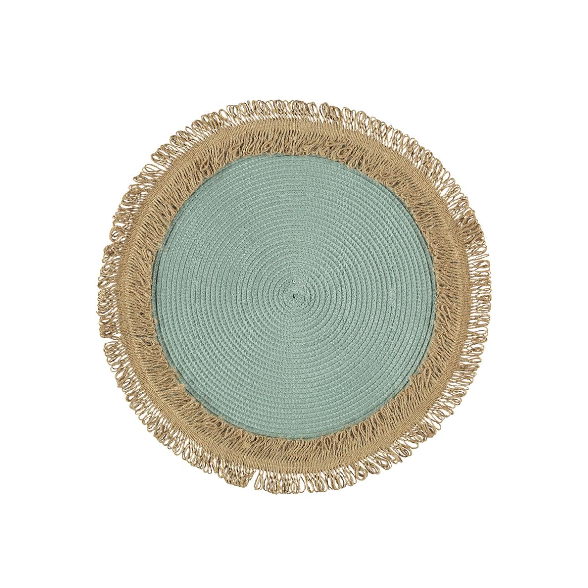 Noble house Julia en en rund turkos bordstablett med en jutefrans i diameter 38 cm