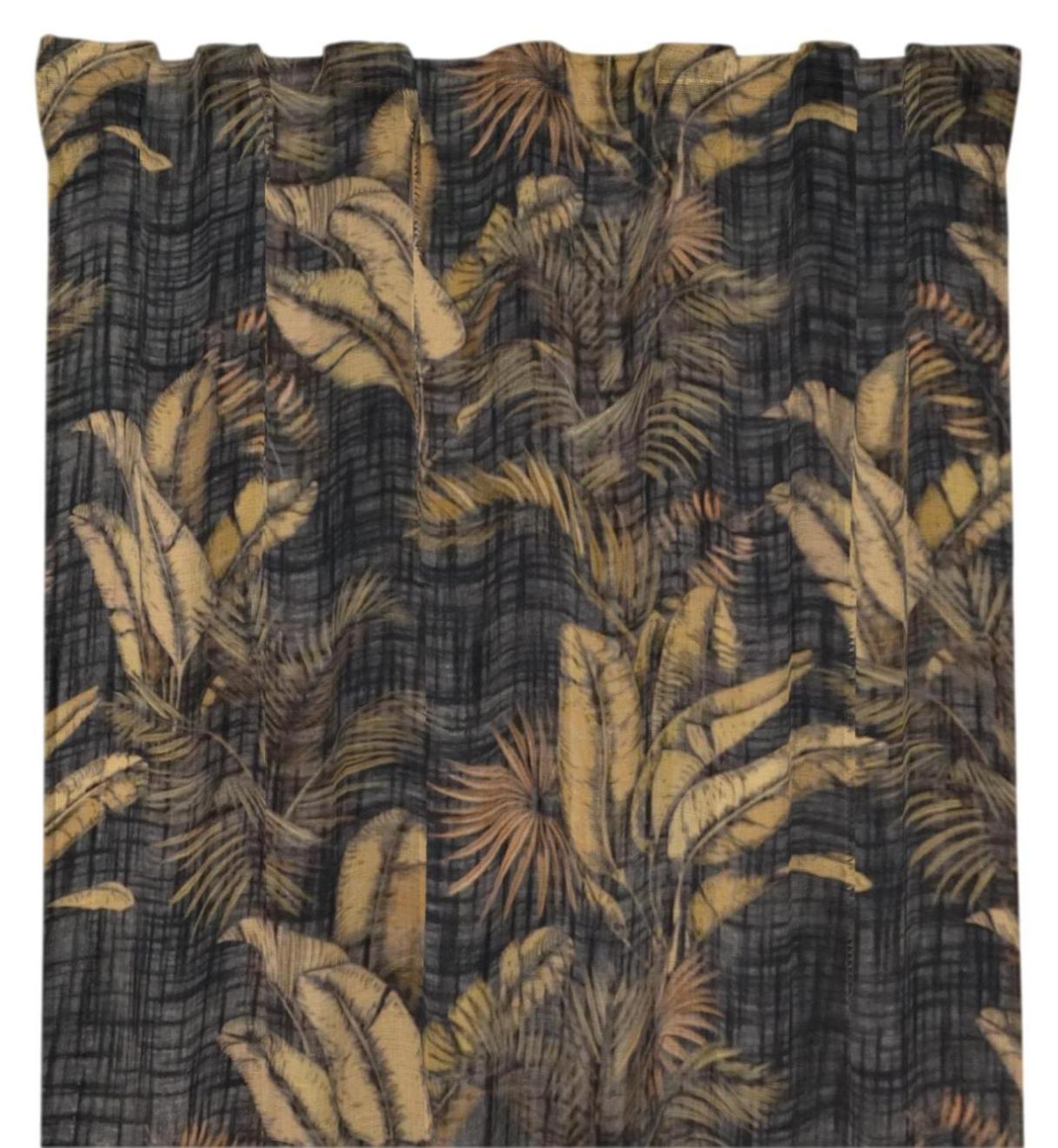 Tahiti ett svart gardinset med ett bladmönster i guldgult och med multiband från Redlunds textil i mått 2 x 140 x 250 cm