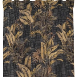 Tahiti ett svart gardinset med ett bladmönster i guldgult och med multiband från Redlunds textil i mått 2 x 140 x 250 cm