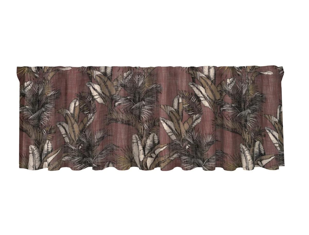 Tahiti en vinröd gardinkappa med ett bladmönster i brunt off-white och med multiband från Redlunds textil i mått 1 x 50 x 250 cm