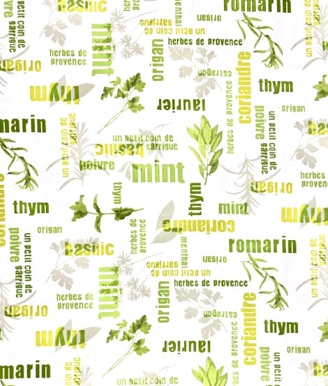 Herbs ett tunt vitt bomullstyg med grön text