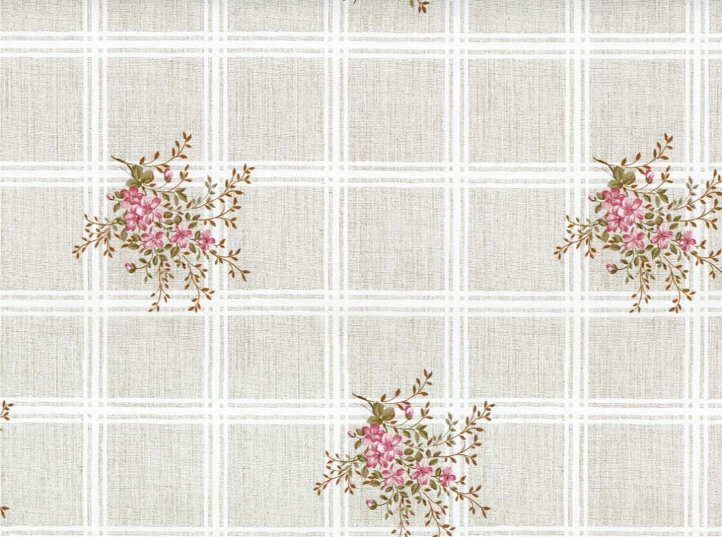 Kattis en linnefärgad vaxduk på metervara med vita rutor och rosa blommor bredd 140 cm