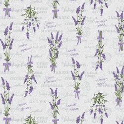 Lavendel en grå vaxduk på metervara med lila lavendelblommor bredd 140 cm