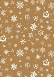 Snöflingor en guldbrun vaxduk på metervara med vita snöflingor i bredd 140 cm från Franzens textil