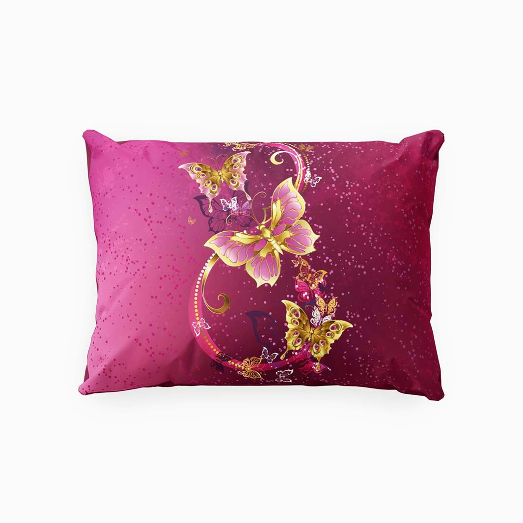 Butterfly pink ett örngott i mått 50 x 70 cm i bomull i blått och guldtoner, från Indusia design