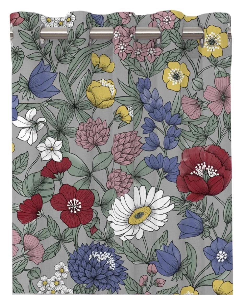 Kajsa grått gardinset multifärgat blommönster öljetter Redlunds textil