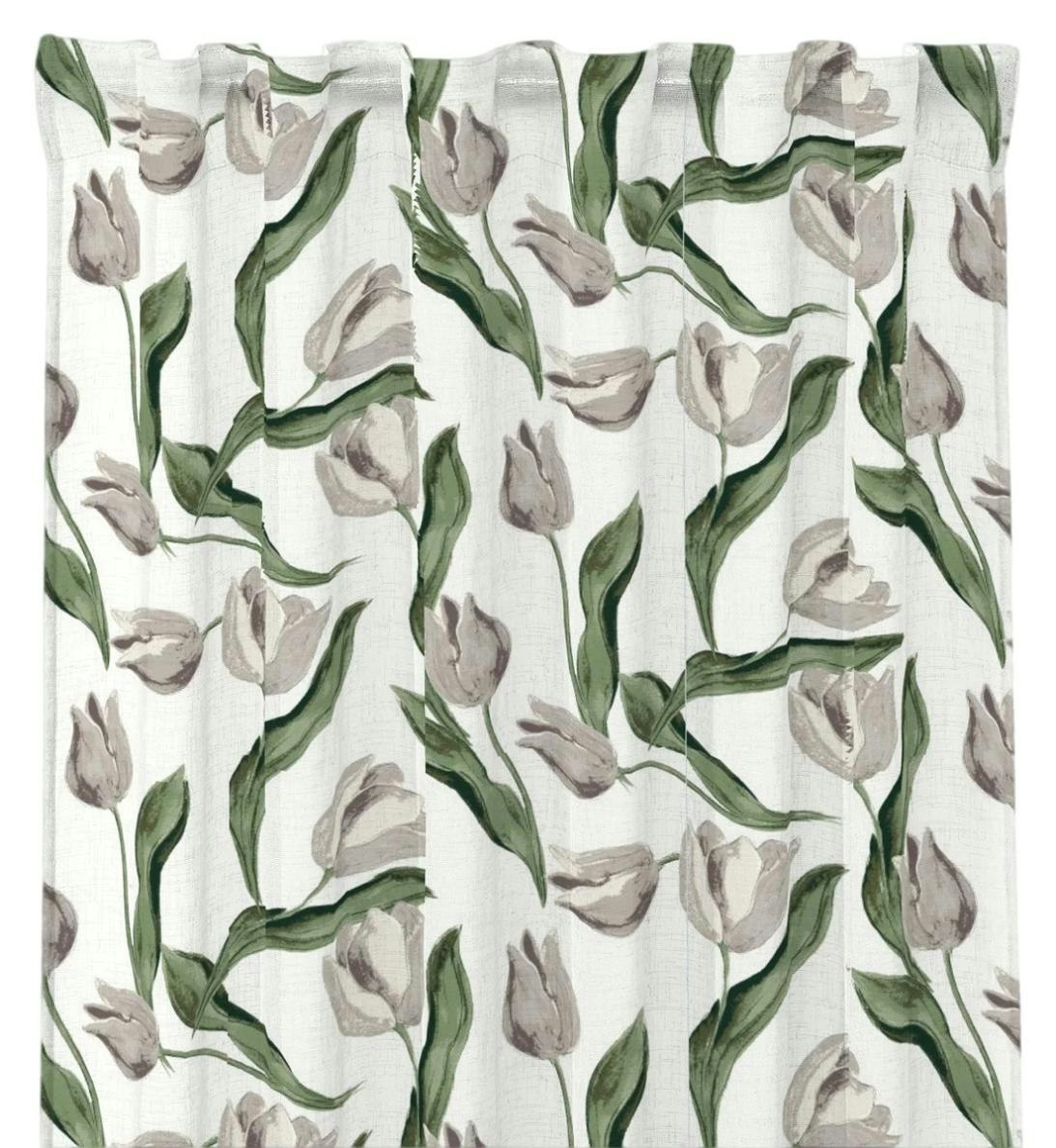 Tulpaner gardinset vit beige grön multiband Redlunds textil