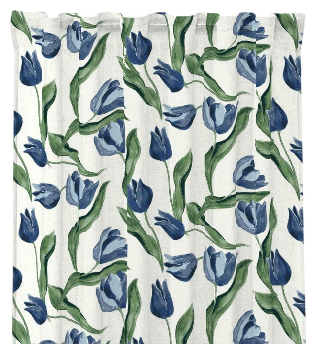 Tulpaner gardinset vit blå grön multiband Redlunds textil