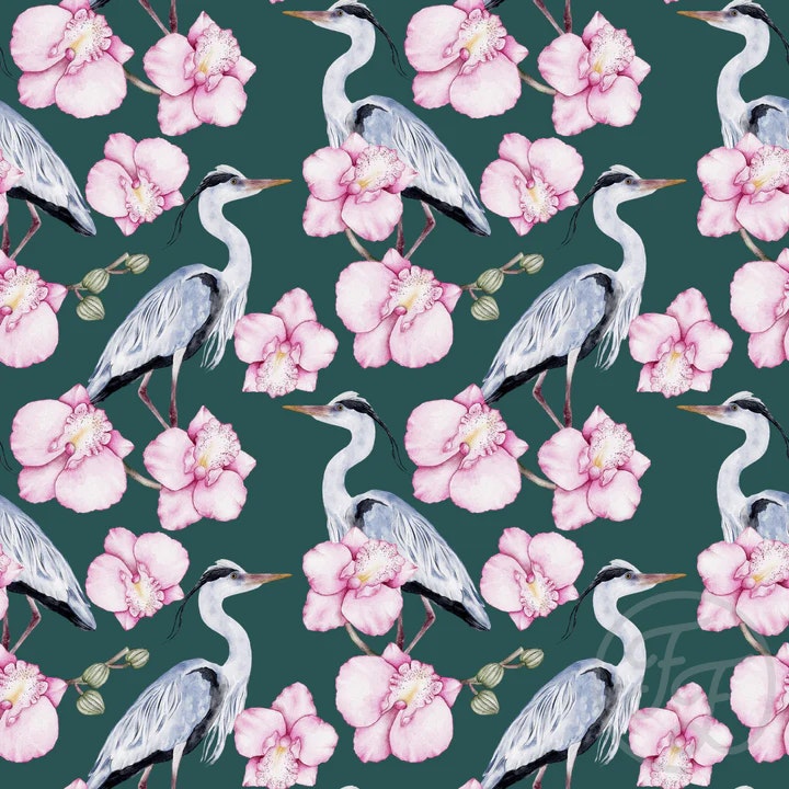 OD- Heron and Flowers Dark Teal
